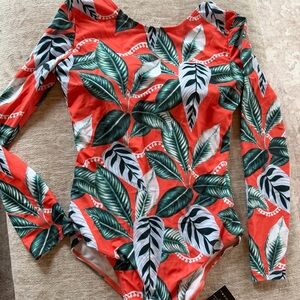 Women’s Long-Sleeve One-Piece Swimsuit in Coral with Green Leaf Print